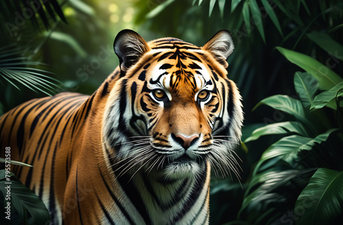Portrait of a tiger on a background of foliage