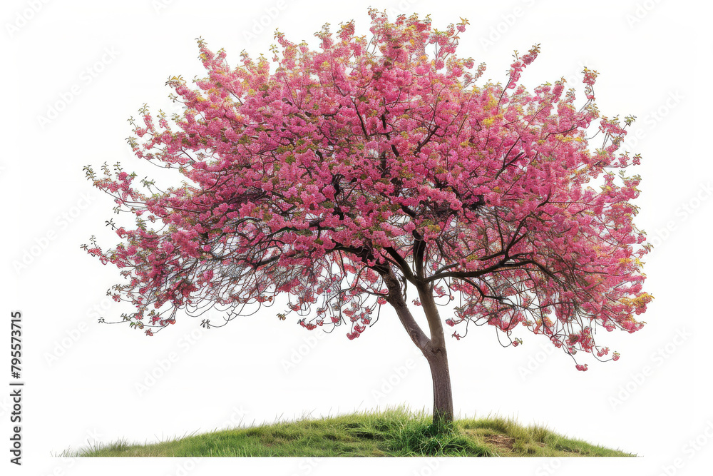 A cherry blossom tree in full bloom against a white background