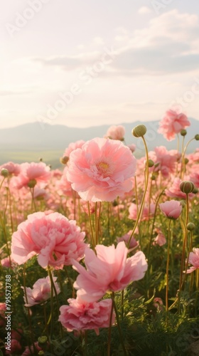Field of pink peony landscape sky outdoors. © Rawpixel.com