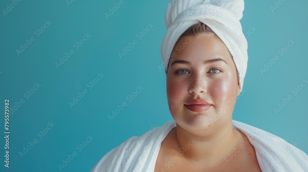 A smiling woman with sparkling blue eyes and rosy cheeks beams in a white towel and bathrobe, expressing self-care A smiling woman with sparkling blue eyes and rosy cheeks beams in a white towel and bathrobe, expressing self-care