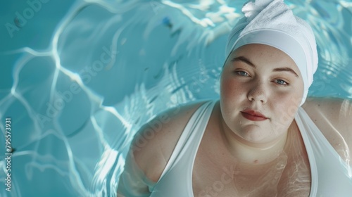 A refreshingly cool image of a plus-size woman enjoying a dip in a swimming pool, capturing a moment of relaxation photo