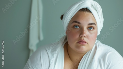 Thoughtful portrait of a plus-size woman in white clothing, looking away with a contemplative expression