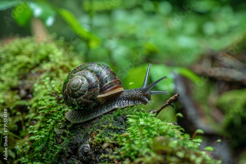 Close up of a snail crawling on a mossy log, showcasing the biodiversity of forest ecosystems