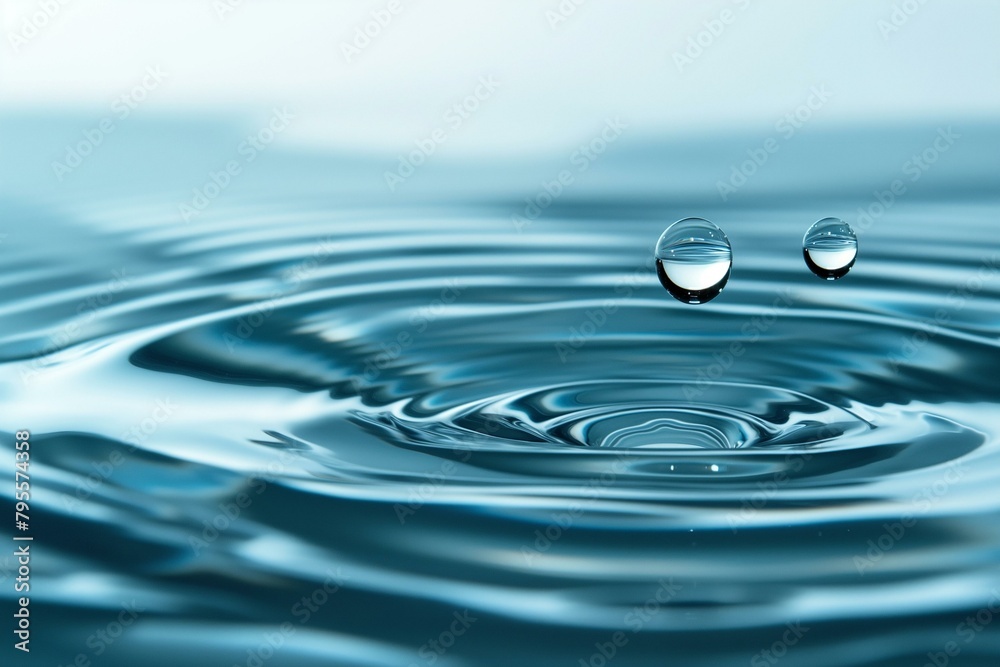 Close-Up View of Water Droplets on a Smooth Surface Creating Rippling Waves Close-Up View of Water Droplets on a Smooth Surface Creating Rippling Waves