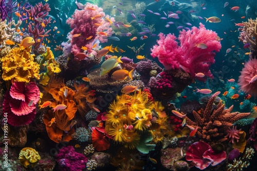 Close up of a vibrant coral reef teeming with marine life, illustrating the biodiversity of underwater ecosystems