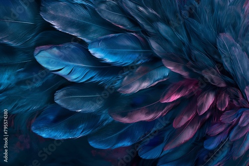 Stunning Close-Up View of Iridescent Blue and Pink Feathers Creating a Dynamic Flowing Texture