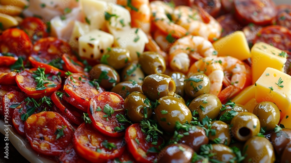 A dish with Spanish tapas. The assortment includes pickled olives, slices of juicy Manchego cheese, spicy chorizo, golden brown patatas bravas and juicy gambas al ajillo (garlic shrimp). A dish with Spanish tapas. The assortment includes pickled olives, slices of juicy Manchego cheese, spicy chorizo, golden brown patatas bravas and juicy gambas al ajillo (garlic shrimp).