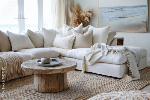 Contemporary coastal chic living room with relaxed vibes and natural textures