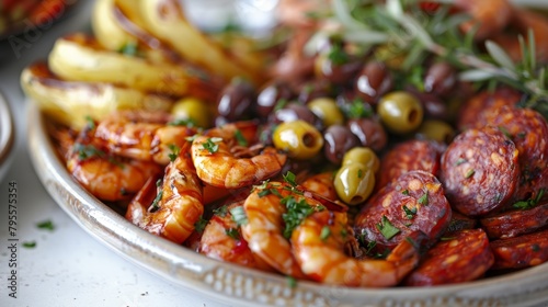 A dish with Spanish tapas. The assortment includes pickled olives, slices of juicy Manchego cheese, spicy chorizo, golden brown patatas bravas and juicy gambas al ajillo (garlic shrimp).