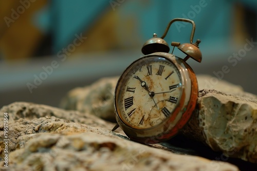 An old red alarm clock with rust on the dial lies in the snow, time is up and it has been frozen for many years, symbolizing the passage of time. Post-apocalyptic atmosphere. Copy space. Banner