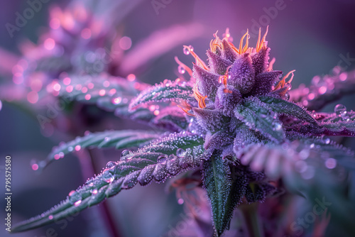 Close up of water droplets on pink frost covered marijuana cannabis plant