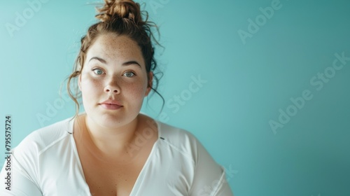 Curvy woman with hair up looking upward with a contemplative expression against a blue backdrop