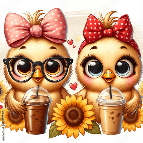 Two cute cartoon chickens wearing headbands with sunflowers, enjoying iced coffee drinks