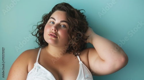 A young woman with curly hair poses confidently on a teal background, exuding body positivity