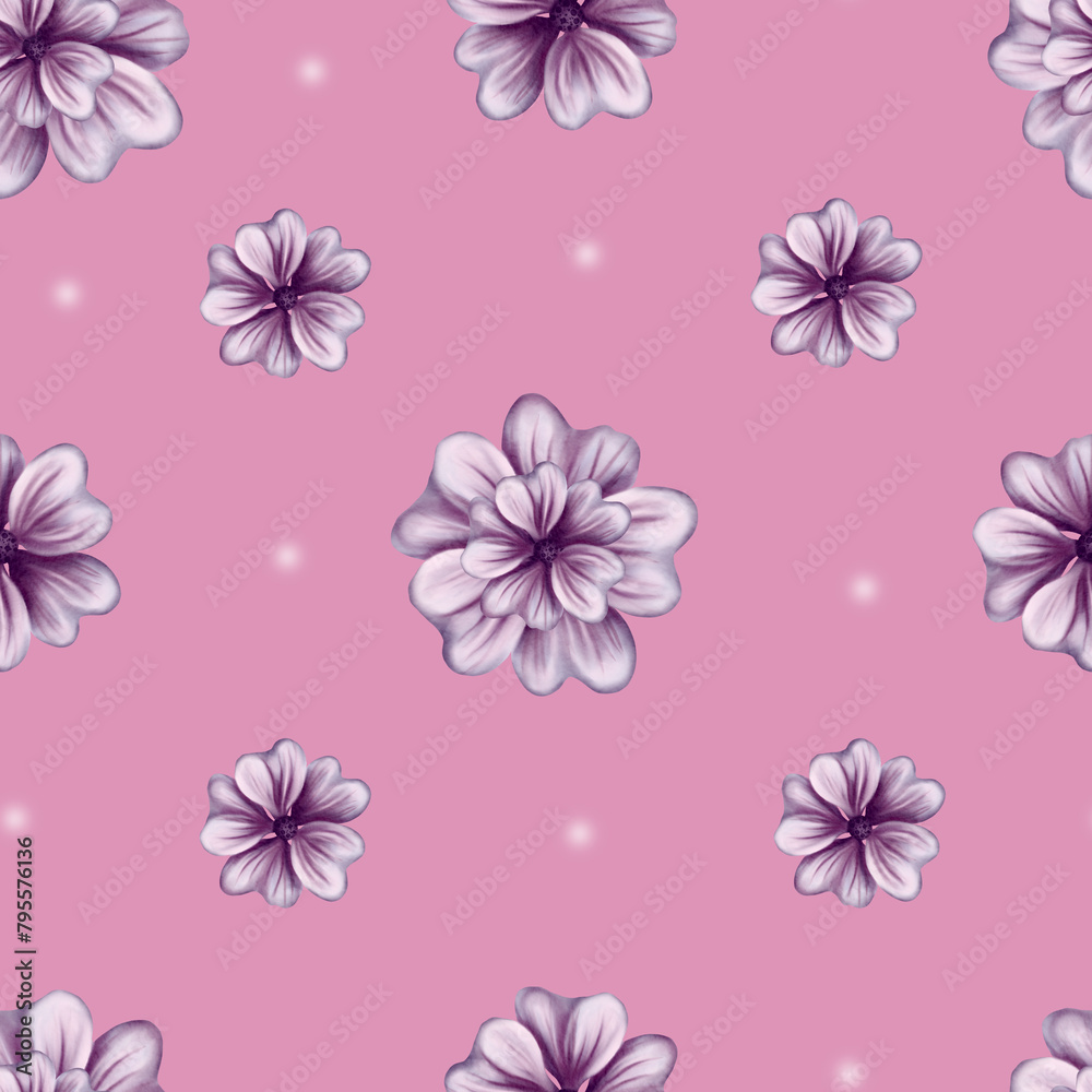 Beautiful floral print, seamless pattern, fabric design, wrapping paper, pink flowers, background, illustration for textile print, wallpaper, spanish mallow