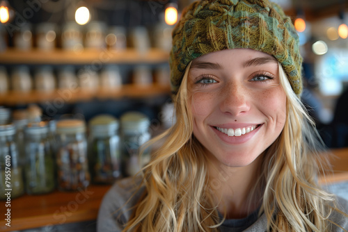 Smiling woman wearing green beanie in cannabis dispensary, possibly stoned