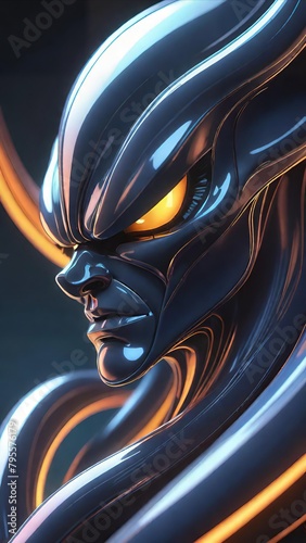 Intense Portrait of a Mysterious Superhero with a Sleek Metallic Mask in Vibrant Neon Colors