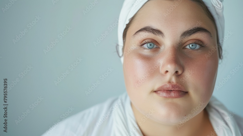 A close-up portrait showcasing a woman with a white headscarf, her expression calm and serene A close-up portrait showcasing a woman with a white headscarf, her expression calm and serene