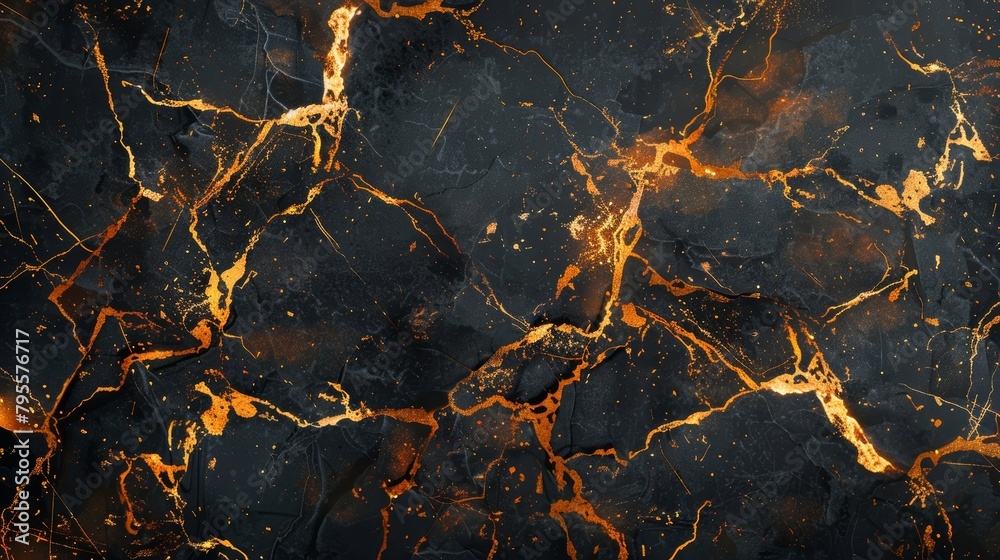 Luxurious background illustration depicting a black and orange marble effect, adorned with shimmering gold cracks for a classic feel