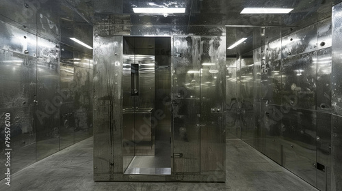 A large room with a silver door and a silver wall. The room is empty and has a cold, industrial feel photo