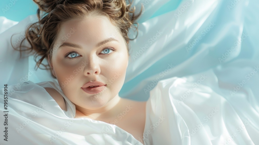 Luminous portrait of a young woman wrapped in white satin sheets, embracing the soft glow of sunlight