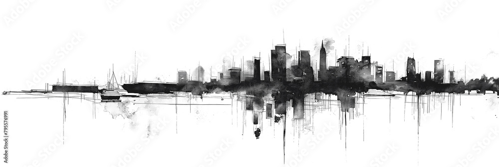 Black and white drawing of the skyline of the city isolated on a transparent bakcground Black and white drawing of the skyline of the city isolated on a transparent bakcground