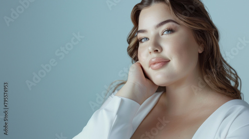 Close-up photograph of an elegant woman with a soft smile and minimalist makeup photo