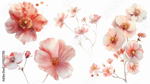Softly painted collection of flowers in full bloom, captured in watercolor, each artfully isolated on a pure white background