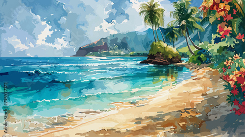 Meer Ozean Strand Palmen Bucht Aussicht Wasserfarben Urlaub Sommer Tropisch Karibik Hawaii Sommerlich | Grußkarte