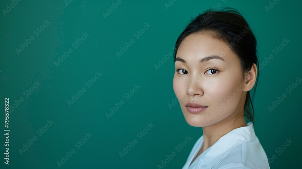 Confident Female Healthcare Professional Posing Against a Teal Background Confident Female Healthcare Professional Posing Against a Teal Background