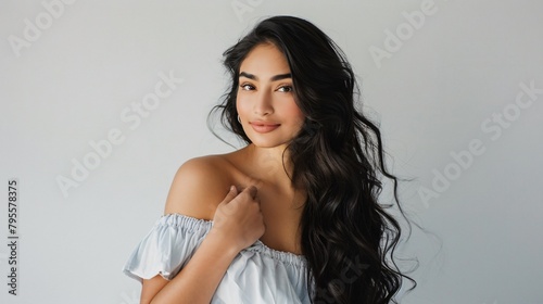 Young Woman Posing With a Gentle Smile Against a Solid White Background 