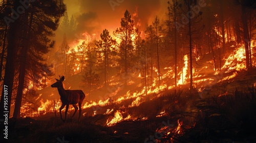 Forest fire at dusk: A deer caught amidst raging flames and smoky woodland