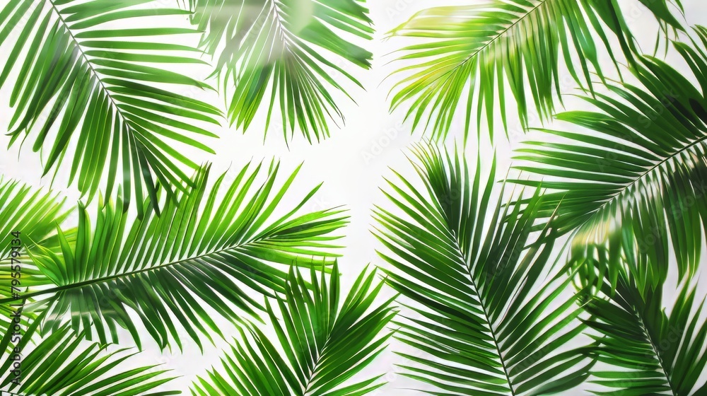 A close up of a palm tree with its leaves spread out. Concept of calm and relaxation, as the palm tree is a symbol of tropical paradise and leisure. The lush green leaves A close up of a palm tree with its leaves spread out. Concept of calm and relaxation, as the palm tree is a symbol of tropical paradise and leisure. The lush green leaves