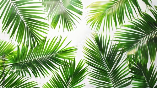 A close up of a palm tree with its leaves spread out. Concept of calm and relaxation  as the palm tree is a symbol of tropical paradise and leisure. The lush green leaves
