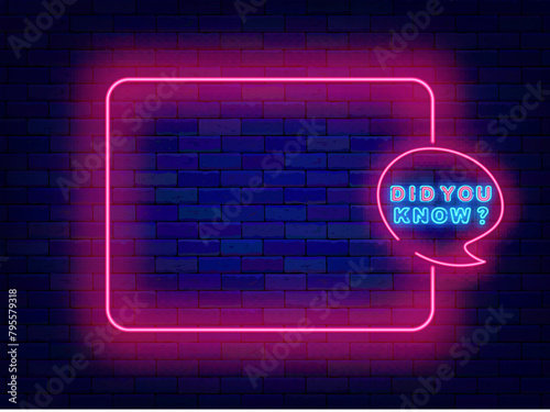 Quiz neon poster. Show and game. Trivia night banner. Greeting card. Empty pink frame and did you know text. Exam and competition. Glowing banner. Editing text. Vector stock illustration