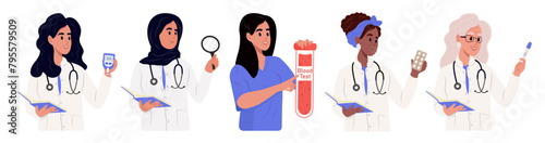 Doctor of characters. Doctor, nurse, laboratory assistant, gynecologist, endocrinologist, pharmacist, medic and intern, medical uniform, vector flat set.