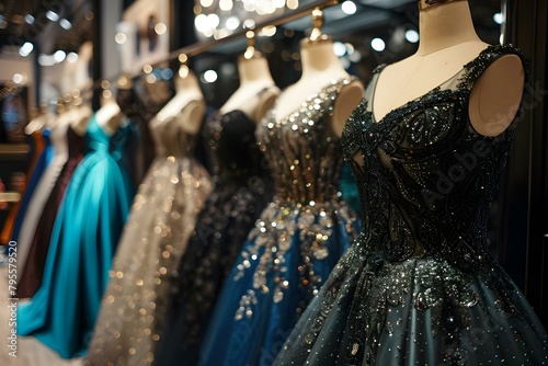 Inside a luxury evening dress boutique specializing in highend couture fashion. Concept Luxury Evening Dresses, High-End Couture, Fashion Boutique, Exclusive Designs, Glamorous Accessories