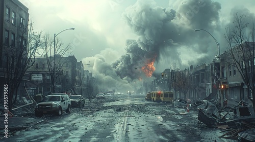Devastation in cityscape: emergency vehicles amidst rubble and smoke photo