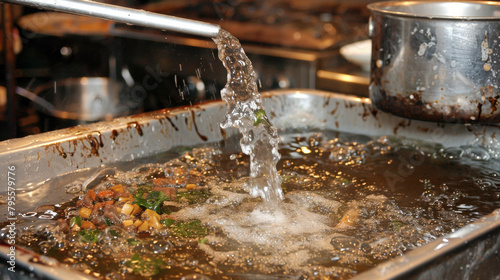 A pan of food is being cooked in a sink with water