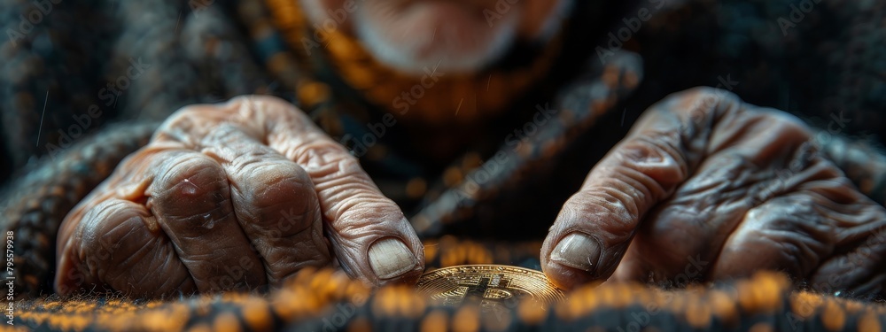 An intimate, close-up photo of an elderly person curiously examining a Bitcoin coin, representing generational investment shifts. An intimate, close-up photo of an elderly person curiously examining a Bitcoin coin, representing generational investment shifts.