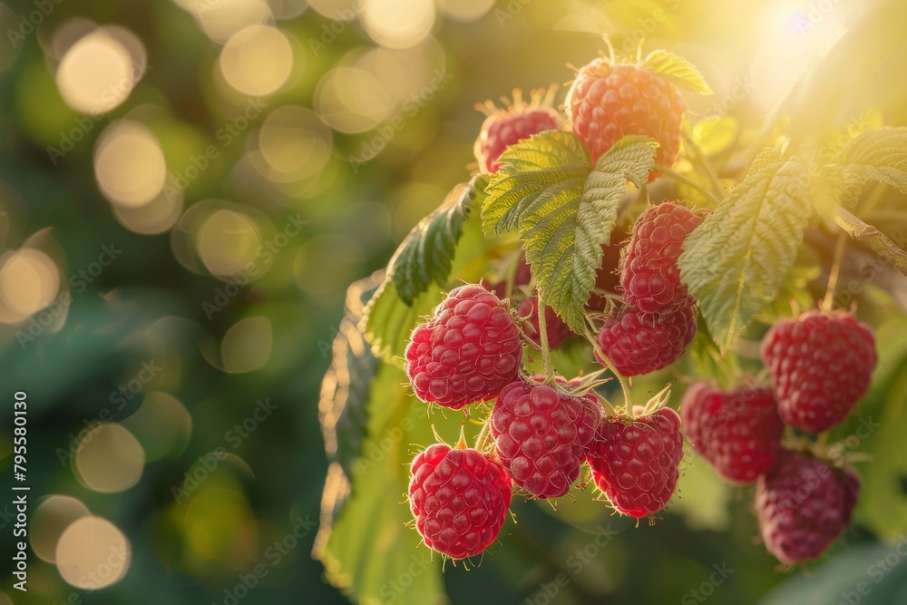 Branch of ripe Raspberries in a garden on blurred green background Branch of ripe Raspberries in a garden on blurred green background