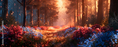 Wide panoramic photo of a fantasy forest with autumnal pine trees, summer roses, and bluebell campanula flowers. A magical and enchanting landscape perfect for backgrounds and nature concepts. photo