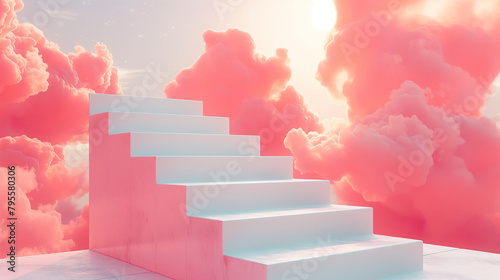 Abstract staircase against a dreamlike sky at sunset