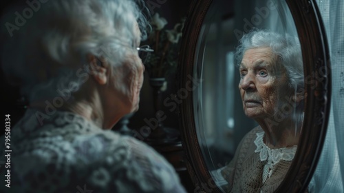 An elderly woman gazes into her reflection, a mirror reverberating with echoes of youth, nostalgic reminiscences dancing as if captured within its silvered surface. photo