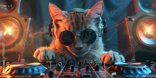  Cute cat wearing like dj Headphones , sunglasses , Dj Cat on Saturday night disco style and glowing spiker in the background ,A dj cat playing dj machine for disco background 