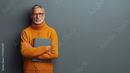 Elderly man in orange sweater gestures with book in electric blue sleeve