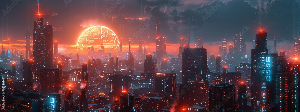 Obraz premium Dramatic depiction of a Bitcoin halving moment with a digital countdown clock reaching zero, set in a futuristic cityscape at night, with glowing neon lights and skyscrapers.