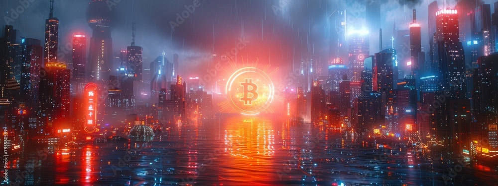 Dramatic depiction of a Bitcoin halving moment with a digital countdown clock reaching zero, set in a futuristic cityscape at night, with glowing neon lights and skyscrapers.