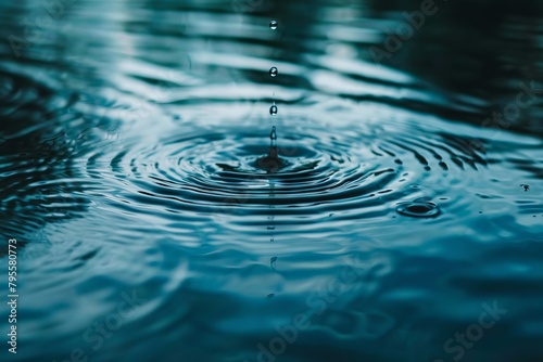 Gentle raindrops falling onto a calm body of water, creating ripples on the surface