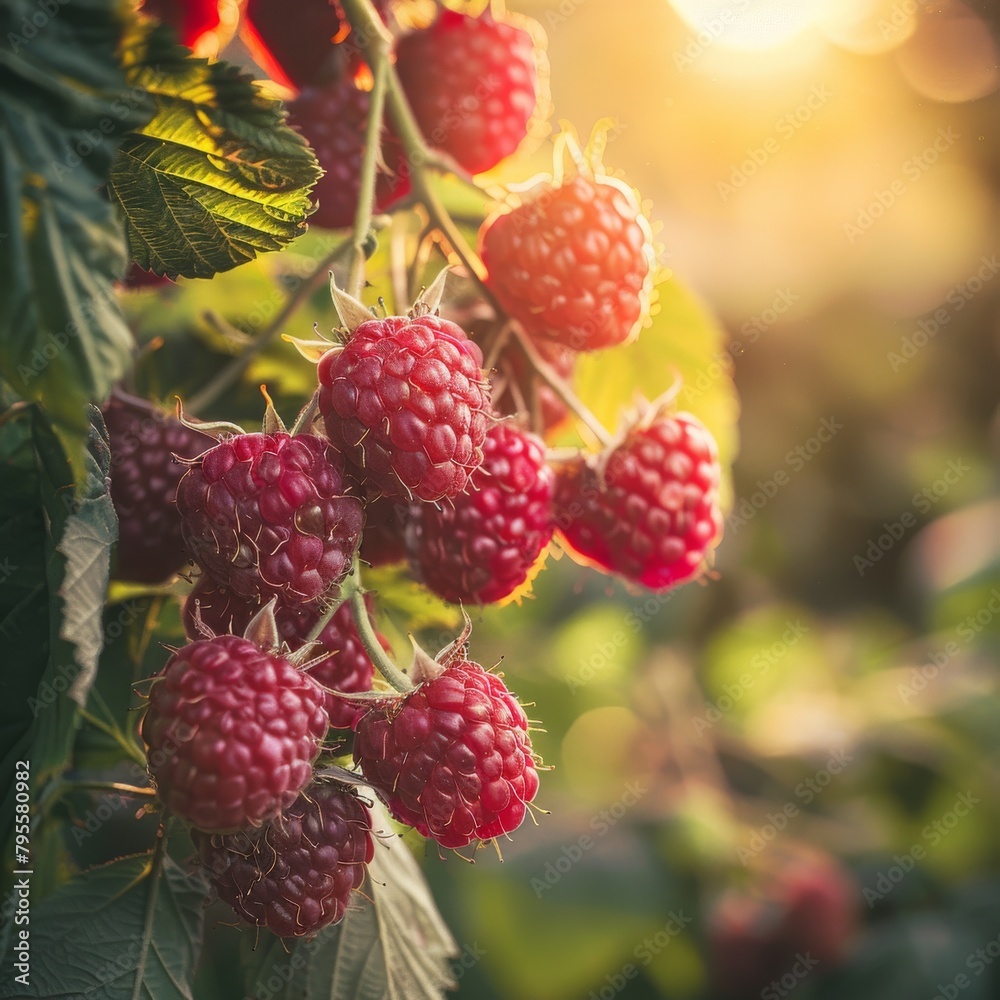 Branch of ripe Raspberries in a garden on blurred green background. Image for the banner Branch of ripe Raspberries in a garden on blurred green background. Image for the banner